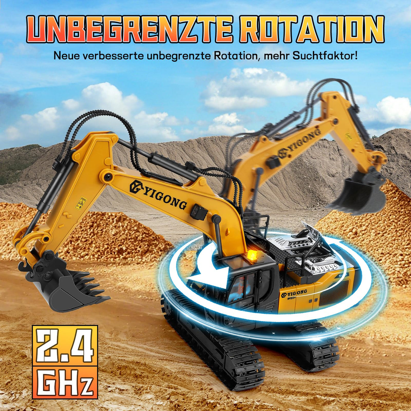 Charmofun Ferngesteuerter Bagger, 2,4GHz Bagger Spielzeug mit Schwerkraftgesteuerter Fernsteuerung, Stufenlos Rotierender RC Radlader mit Lichtern und Musik, Geschenke für Jungen Ab 5-12 Jahre