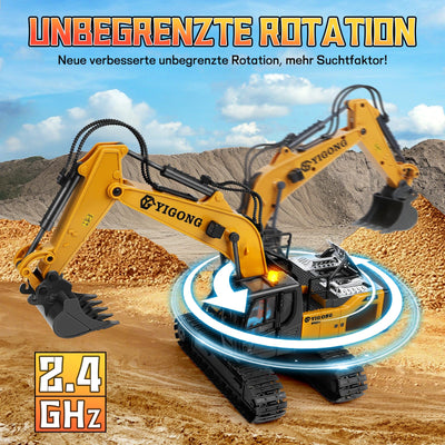 Charmofun Ferngesteuerter Bagger, 2,4GHz Bagger Spielzeug mit Schwerkraftgesteuerter Fernsteuerung, Stufenlos Rotierender RC Radlader mit Lichtern und Musik, Geschenke für Jungen Ab 5-12 Jahre