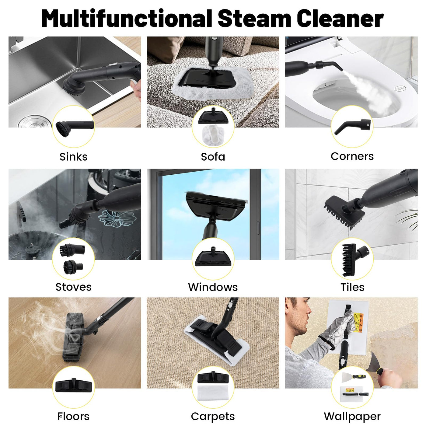 RELAX4LIFE Dampfreiniger, Dampfdruck: 5 bar, Leistung: 2000W, Flächenleistung: 108 m², Tank: 1,8 L, Aufheizzeit: 8 min., mit 24 Zubehöre&Druckmesser, für Teppiche, Boden, Fliese, Fenster, Sofa (Weiß)