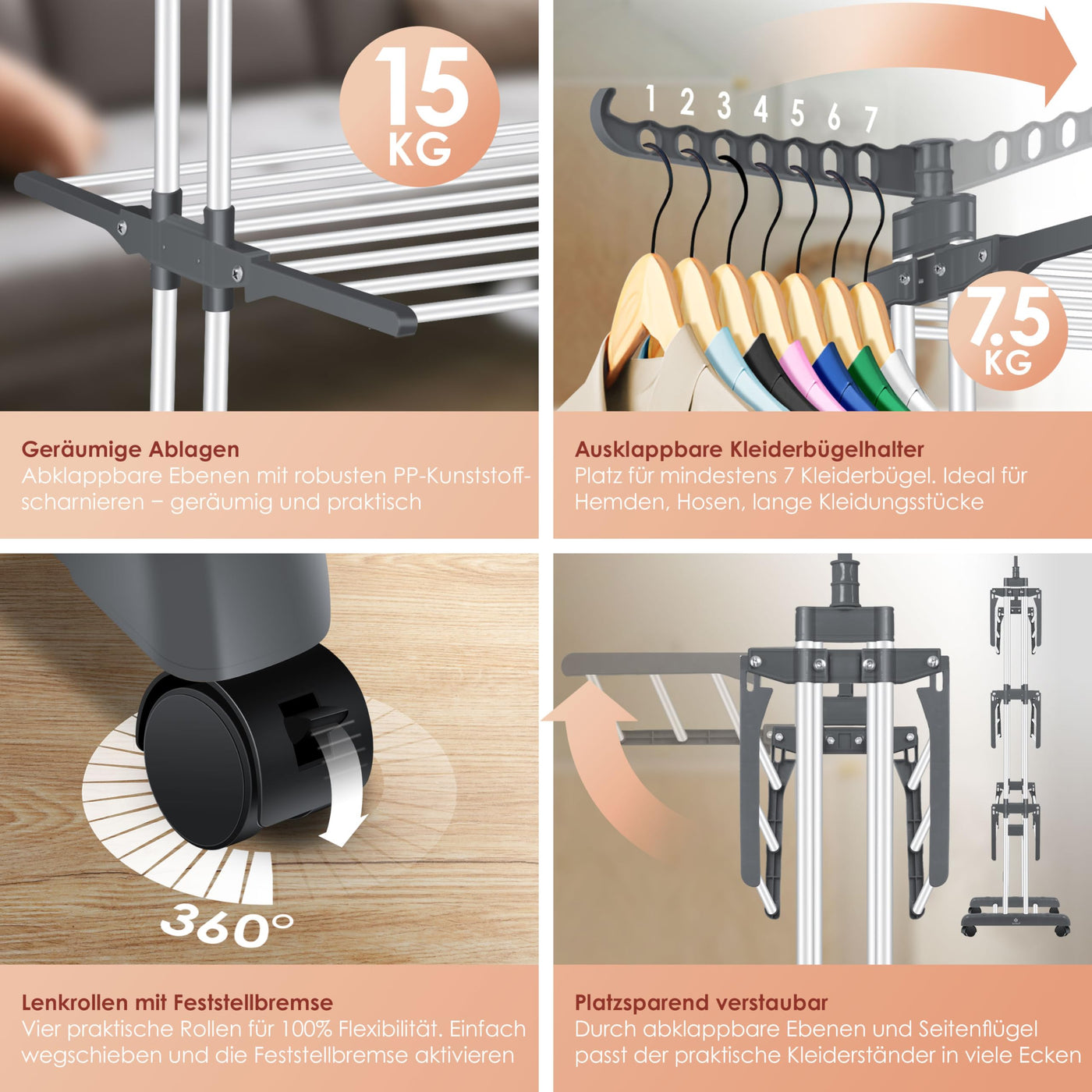 KESSER® Wäscheständer-Turm mit Rädern Platzsparender Wäschetrockner für Innen & Außen 4-Etagen 2 drehbare Seitenflügel und 6 klappbare Ebenen Standtrockner Wäscheturm Zusammenklappbar Weiß/Anthrazit