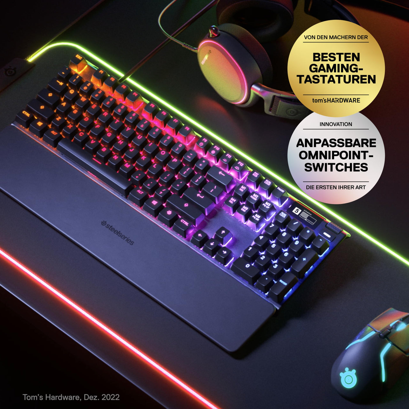 SteelSeries Apex Pro HyperMagnetic Gaming-Tastatur – Die schnellste Tastatur der Welt – Anpassbares Ansprechverhalten – OLED-Bildschirm – RGB – USB-Passthrough – Deutsches Tastatur (QWERTZ)