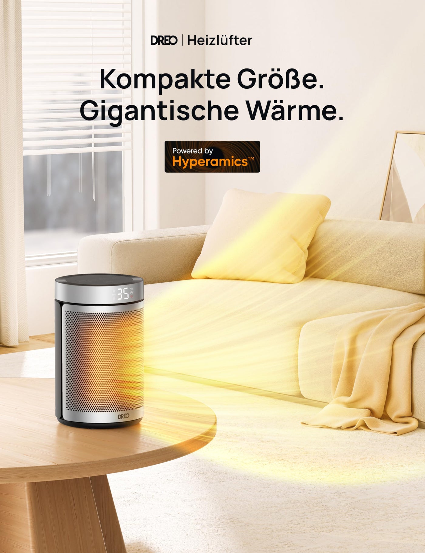 Dreo Energiesparender Heizlüfter, 34 dB Leiser 1500W Elektrischer PTC Keramik, Thermostat, Überhitzungs- & Kippschutz, 12 Std. Timer, Elektroheizung für Räume Schlafzimmer, Atom 316, Silber