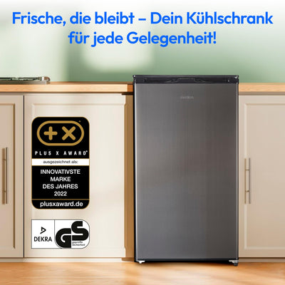 MEDION Kühlschrank mit Eiswürfelfach (90L Gesamt-Nutzinhalt 80L Kühlteil 10L Eiswürfelfach, transparente Gemüseschublade, freistehend, wechselbarer Türanschlag, höhenverstellbare Füße, MD37690) grau