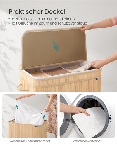 SONGMICS Wäschekorb mit Deckel, Wäschesammler Bambus, Wäschesack herausnehmbar und maschinenwaschbar, mit Griffen, 150 Liter, für Waschküche, Schlafzimmer, Wohnzimmer, naturbeige LCB062N01
