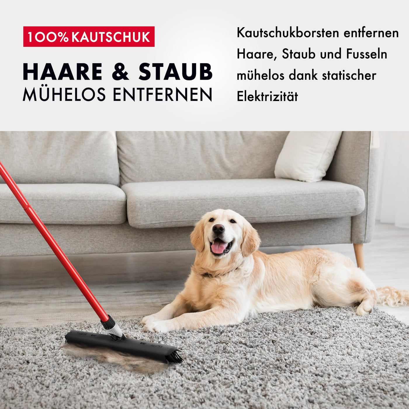 Tyroler Gummibesen & Bodenabzieher | Kehrbesen-Kopf aus 100% Naturkautschuk 41cm | Besen mit Stiel und 140cm Anti-Rost-Griff | Gummibesen mit Abzieher | Gummibesen mit Stiel | Gummibesen Tierhaare