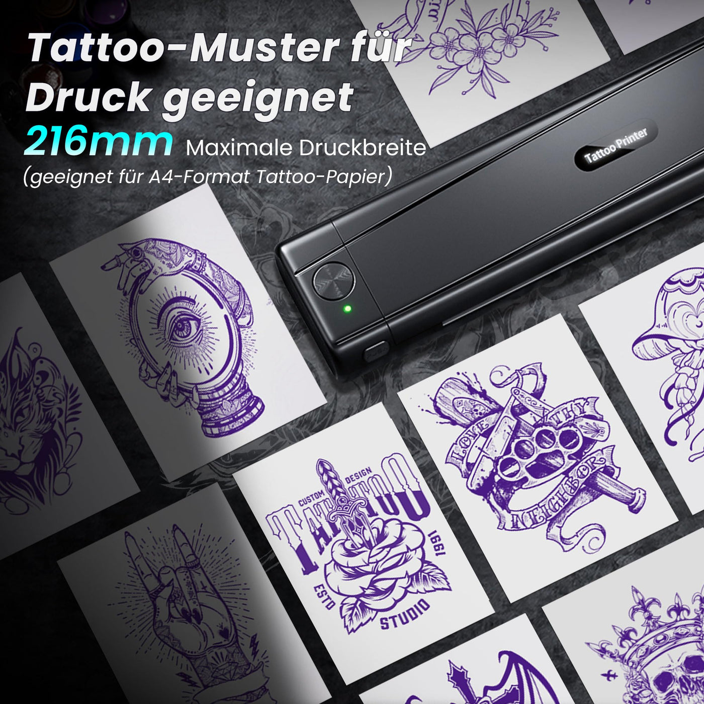 TATTMUSE Tattoo Drucker Bluetooth, Schablone Nadeldrucker mit 10 Stück Papier, Tattoo Transfer mit Smartphone PC, Stencil Drucker für Tattoo Künstler und Anfänger