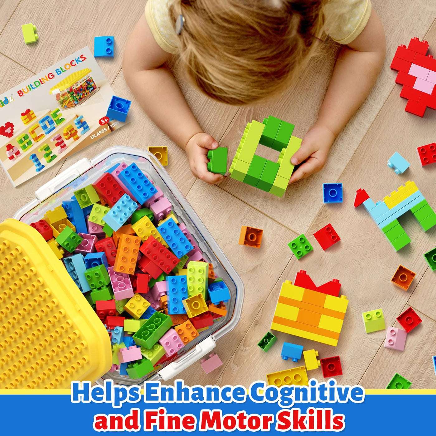 burgkidz Bausteine, 150 Farbenfrohe große Kreative Bauklötze mit Aufbewahrungsbox, die Kinder zum Bauen Anregen Zahlen und Alphabet, Konstruktionsspielzeug für Jungen Mädchen ab 3+ Jahre