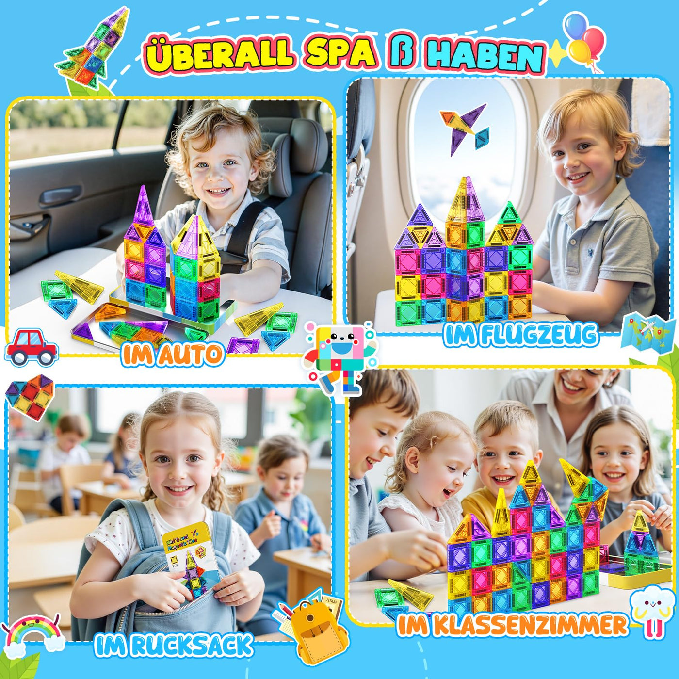 43 Pcs Mini Magnetische Bausteine Reiseset, Spielzeug ab 3 4 5 6 Jahre Junge Mädchen Reisespiele Kinder ab 3-6 Flugzeug Beschäftigung Kinder Geschenk Jungen 3-6 Jahre STEM Montessori Spielzeug