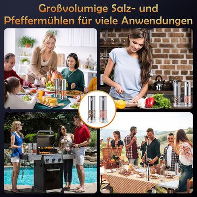 MILFECH Salz und Pfeffermühlen Elektrische Rostfreie Stähle 2er Set, Mit transparentem Aufbewahrungsboden, kleinem Pinsel und kleinem Holzlöffel (Silber), KYMQ-32A-H52-BS-BXG