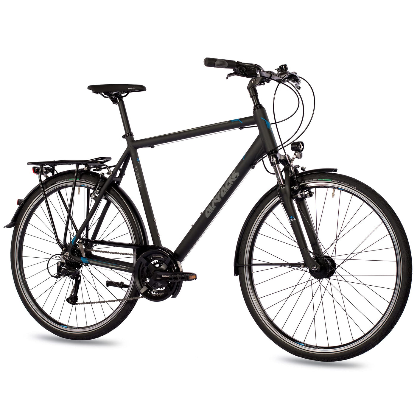 Airtracks Herren Trekking Fahrrad 28 Zoll Trekkingbike TR.2820 Trekkingrad City Bike 24 Gang Shimano ACERA RD-T3000 Kettenschaltung Nabendynamo Schwarz Matt - 60cm Körpergröße 185-195 cm