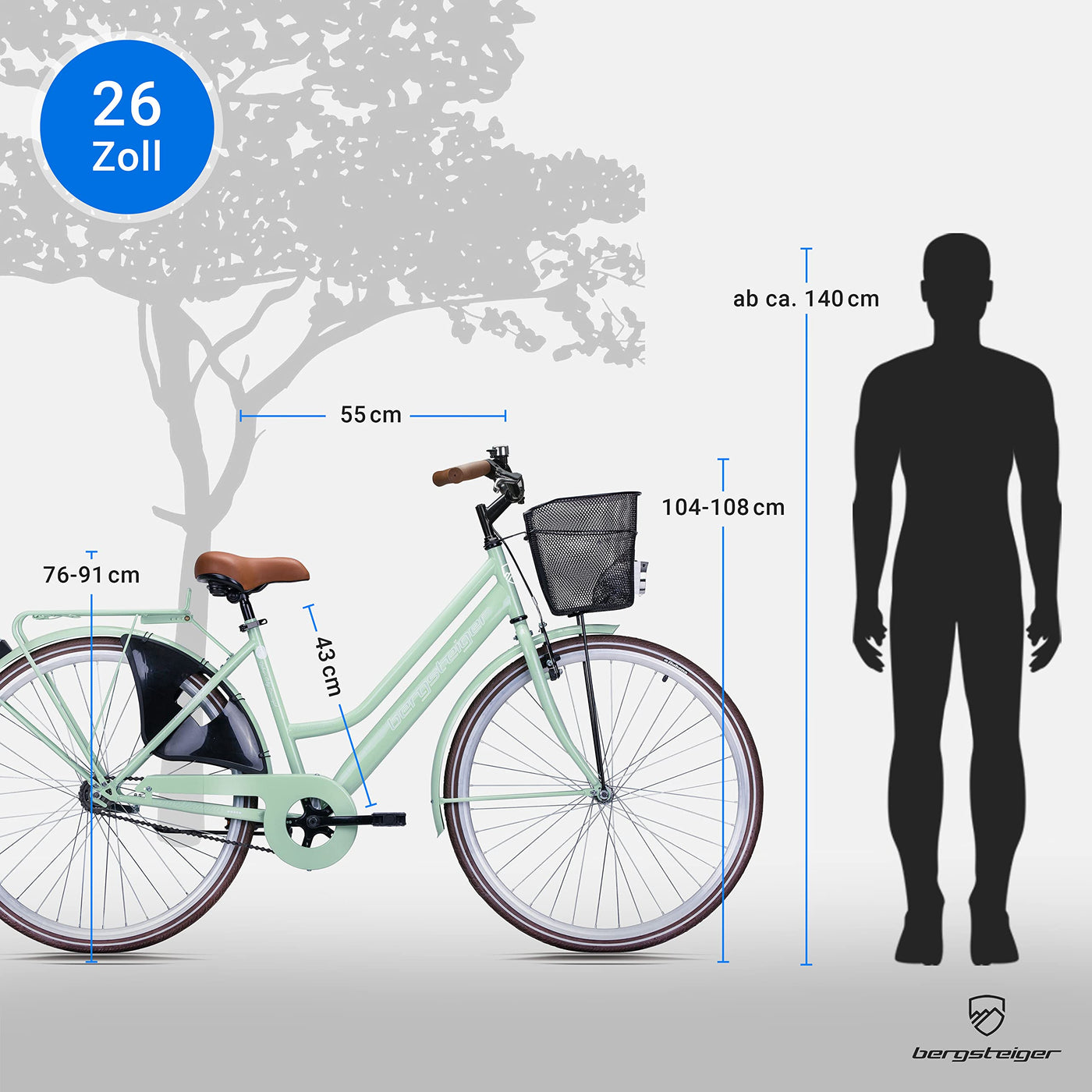 Bergsteiger Amsterdam 26 Zoll, 28 Zoll Damenfahrrad, ab 150 cm, Korb, Fahrrad-Licht, Damen-Citybike mit Rücktrittbremse, Hollandrad im Retro-Design
