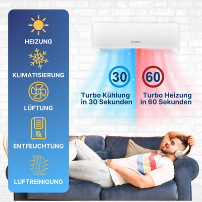 Sollero Split Klimaanlage 12000 BTU 3,5 kW, Selbstreinigung, leise, Smart Home, Inverter Klimaanlage mit Heizfunktion, R32 Kältemittel, Timer, bis 59 m²