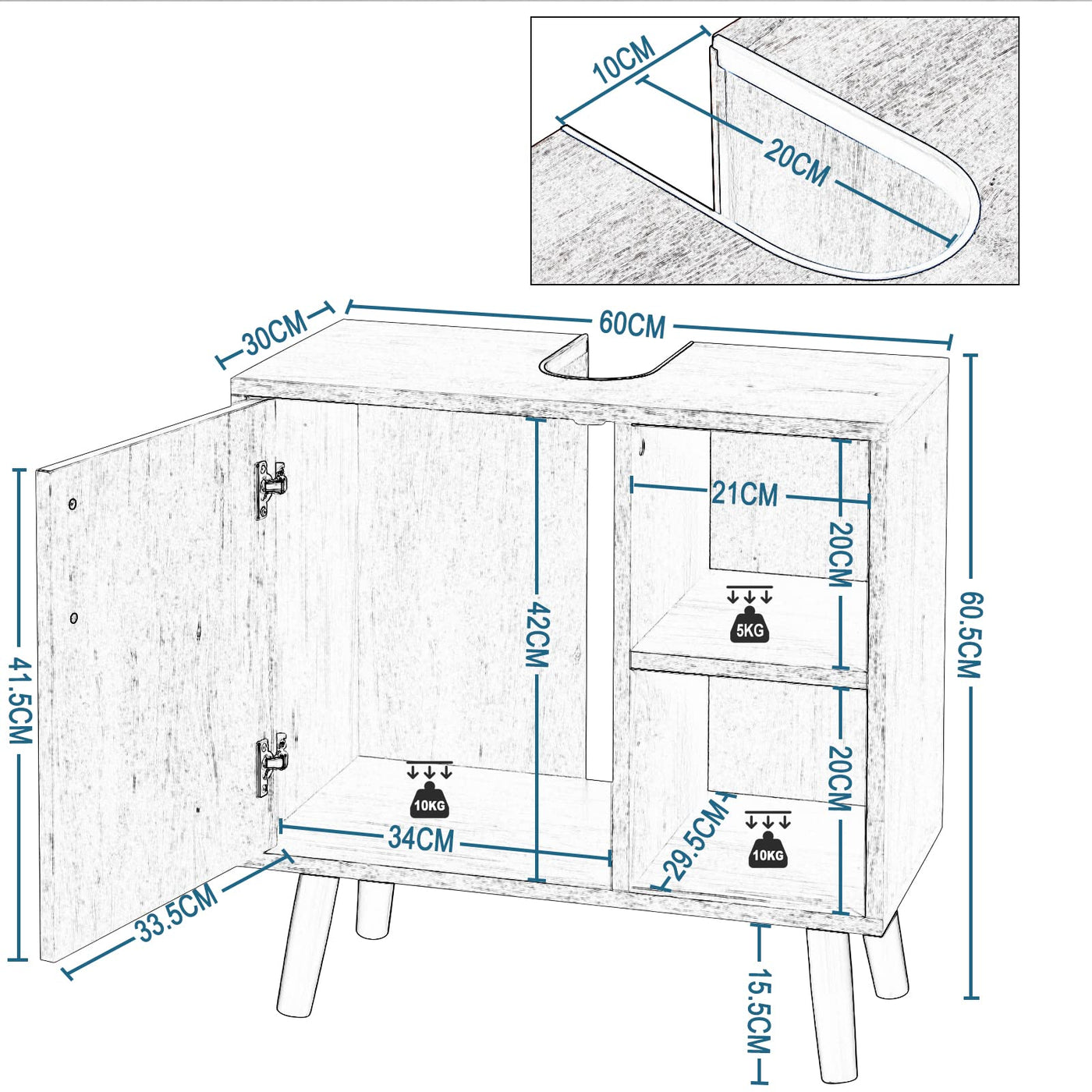 EUGAD Waschbeckenunterschrank mit Tür, Badezimmerschrank mit 2 offenen Ablagen, Schrank im Badezimmer, Unterschrank freistehend, Waschtischunterschrank