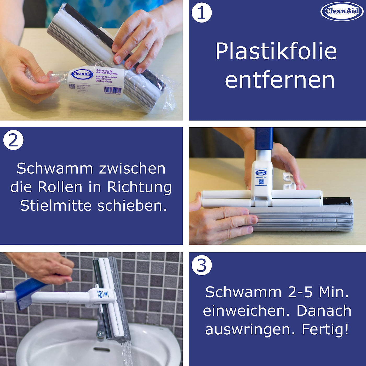 CleanAid OneTouch Magic Wischmopp Bodenwischer - saugstarker PVA Schwamm - Schwammwischmopp mit Auswringfunktion - Tierhaarentferner, optimal für alle glatten Oberflächen, Fliesen, Laminat, Holzboden