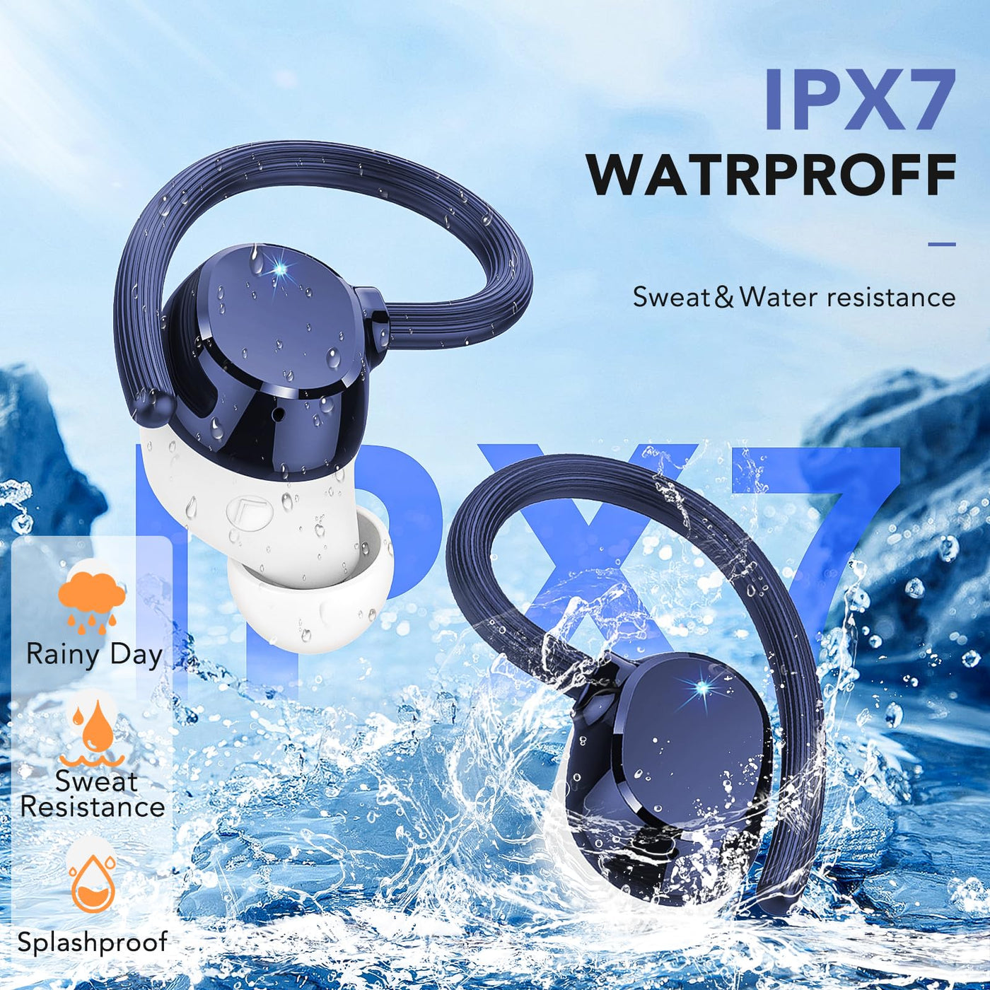 QXQ Bluetooth Kopfhörer Sport, in Ear Kopfhörer Kabellos Bluetooth 5.3 mit HD Mic, Kabellos Kopfhörer Comfort Fit, Dual LED-Anzeige, IP7 Wasserdicht Ohrhörer mit Ohrhaken, Bluetooth Kopfhörer Blu