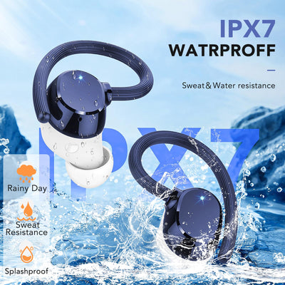 QXQ Bluetooth Kopfhörer Sport, in Ear Kopfhörer Kabellos Bluetooth 5.3 mit HD Mic, Kabellos Kopfhörer Comfort Fit, Dual LED-Anzeige, IP7 Wasserdicht Ohrhörer mit Ohrhaken, Bluetooth Kopfhörer Blu