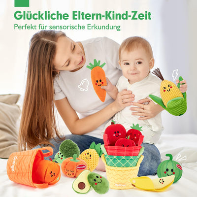 hahaland Baby Spielzeug 6 Monate,Obst und Gemüse Plüsch Spielzeug(16PCS) mit Rassel & Knisterpapier,Fördert Sensorik & Motorik,Montessori Spielzeug ab 6 8 9 12 Monate Geschenk für Jungen Mädchen