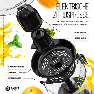 Balter ZP-04 Zitronenpresse Elektrisch – Hohe Saftausbeute, 2 Drehrichtungen & 2 Kegel– Zitruspresse – orangenpresse Entsafter Saftpresse Juicer - Spülmaschinenfest, BPA Frei