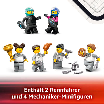 LEGO City F1 Garage mit Mercedes-AMG & Alpine Rennautos - Spielzeug Formel 1 Rennwagen mit 2 Rennfahrern & 4 Mechaniker Minifiguren - Geschenk für Jungen & Mädchen ab 7 Jahren und Fans 60444