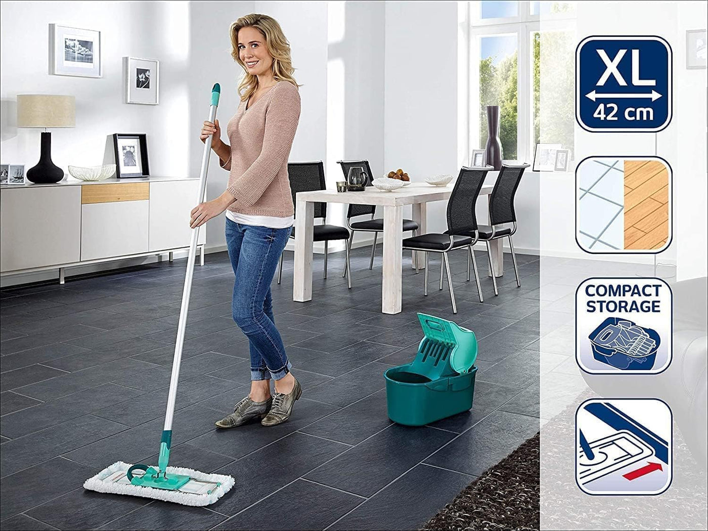 Leifheit Set Wischtuchpresse Profi Compact mit Bodenwischer und 3-teiligem Stiel, wie handgewrungen auspressbar, platzsparendes Wischset mit Mikrofaser Wischbezug für Fliesen und Laminat, Click-System