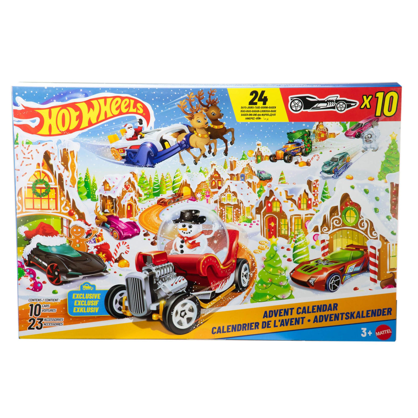 Hot Wheels Spielzeugautos und Spielset, Adventskalender 2025 mit 10 Fahrzeugen im Maßstab 1:64, 10 Clips zum Befestigen und 14 winterlichen Zubehörteilen, JCB47