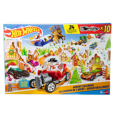 Hot Wheels Spielzeugautos und Spielset, Adventskalender 2025 mit 10 Fahrzeugen im Maßstab 1:64, 10 Clips zum Befestigen und 14 winterlichen Zubehörteilen, JCB47