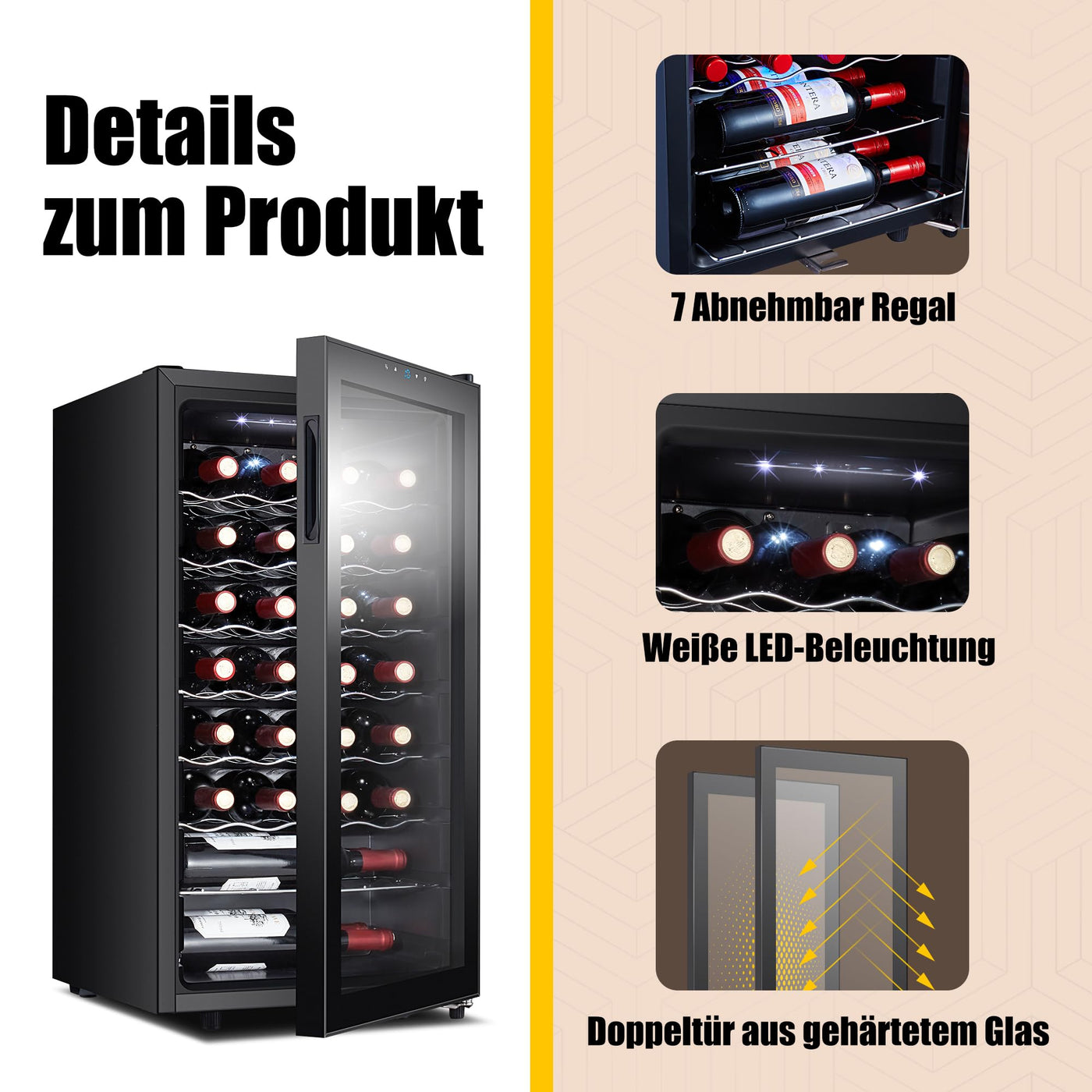 Kalamera Weinkühlschrank, 28 Flaschen 86 Liter, Touch-Bedienfeld, Schwarze Glastür, Verdeckter Griff, 5-18°C Kühlzone, Herausnehmbare Eisenböden, KRC-86FCSS-B