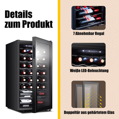 Kalamera Weinkühlschrank, 28 Flaschen 86 Liter, Touch-Bedienfeld, Schwarze Glastür, Verdeckter Griff, 5-18°C Kühlzone, Herausnehmbare Eisenböden, KRC-86FCSS-B