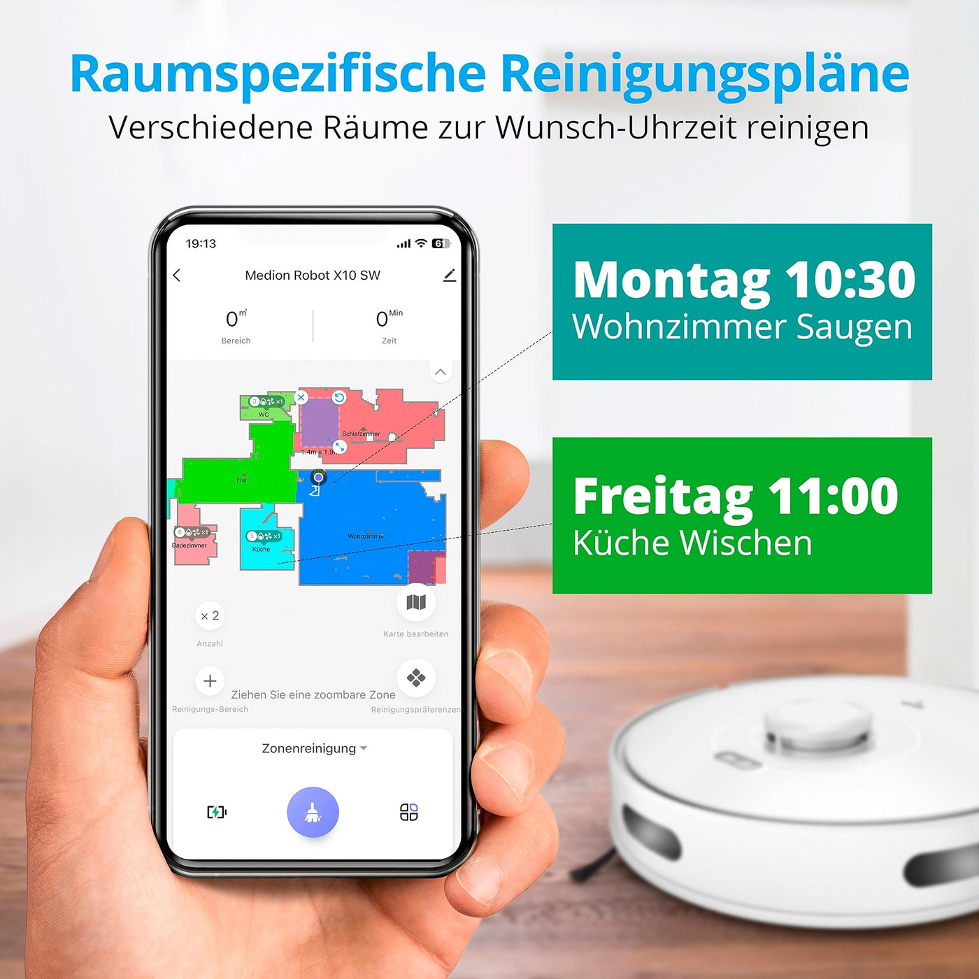 MEDION Saugroboter mit Lasernavigation und Wischfunktion X10 SW (Starke 2.700Pa Saugkraft, 2in1 Roboterstaubsauger, präzise Kartenerstellung, Go & No Go Bereiche, mehrere Etagen)