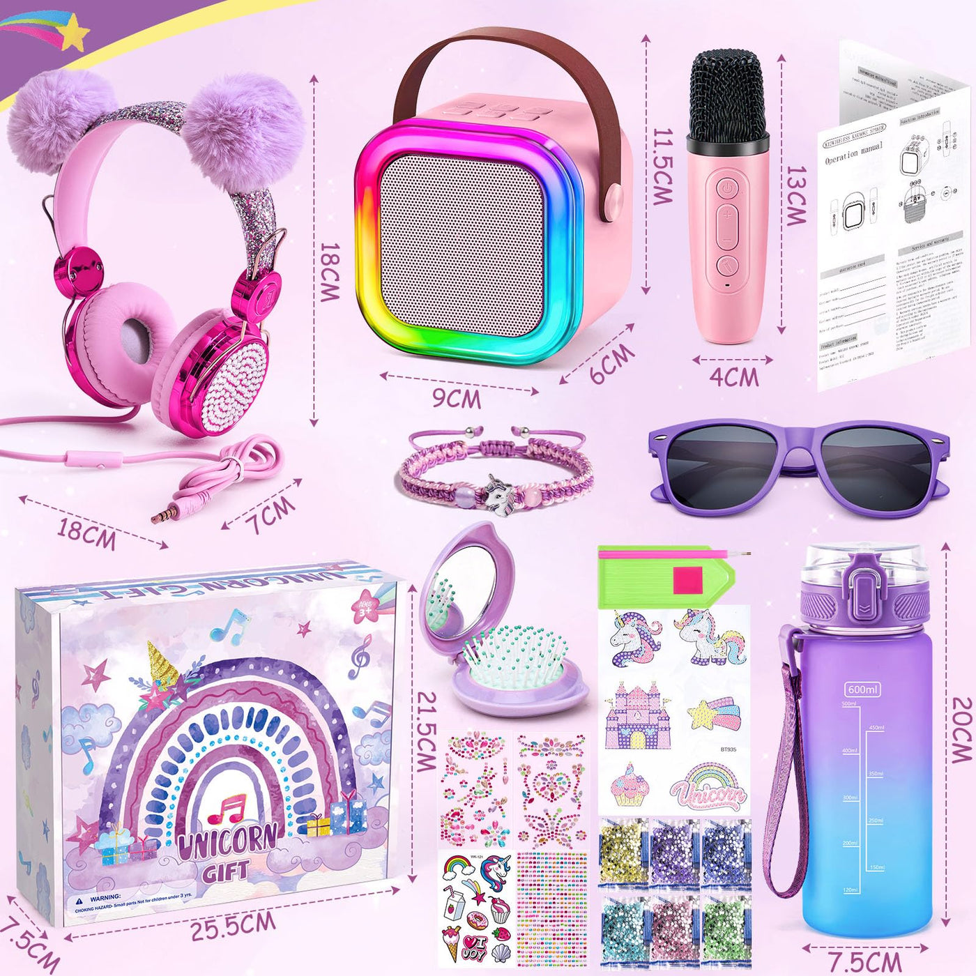 G.C Einhorn Geschenke für Mädchen 6-12 Jahre, Mini Karaoke Maschine mit LED Kindermikrofon, Trinkflasche Basteln, Verdrahtet Kopfhörer, Einhorn Spielzeug Weihnachten Geschenke Mädchen