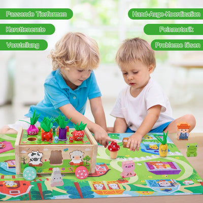 KMTJT Montessori Spielzeug ab 1 2 3 Jahr | Holzspielzeug mit Karte 7-in-1 Farmspiel Motorikspielzeug aus Holz | Kinder Karotten Steckspiel Holz | Montessori Geschenk Mädchen Jungen