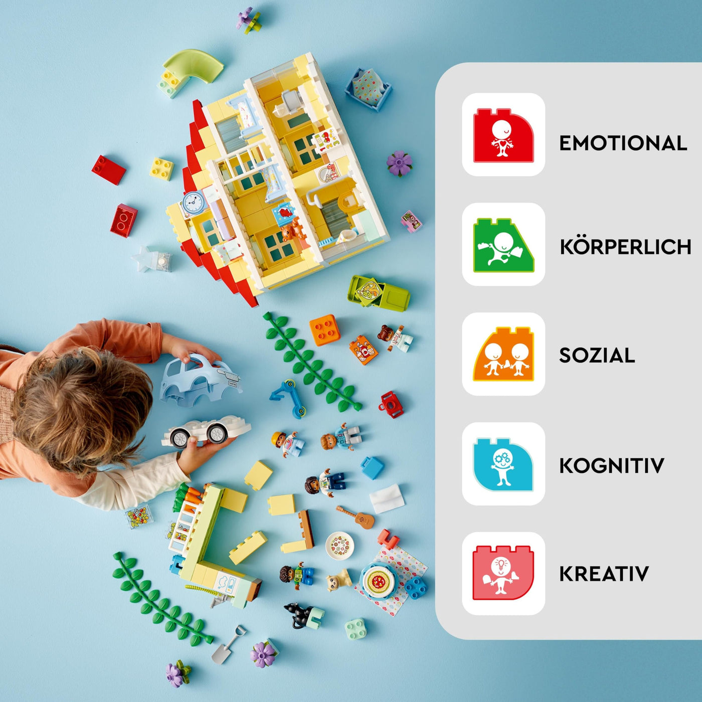 LEGO 10994 DUPLO 3-in-1-Familienhaus, Puppenhaus aus Bausteinen mit Push&Go Auto, 5 Figuren, 2 Tieren und Spielzeug-Lampe, Spielhaus Geschenk für Kleinkinder, Mädchen und Jungen ab 3 Jahren