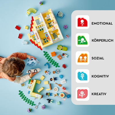 LEGO 10994 DUPLO 3-in-1-Familienhaus, Puppenhaus aus Bausteinen mit Push&Go Auto, 5 Figuren, 2 Tieren und Spielzeug-Lampe, Spielhaus Geschenk für Kleinkinder, Mädchen und Jungen ab 3 Jahren