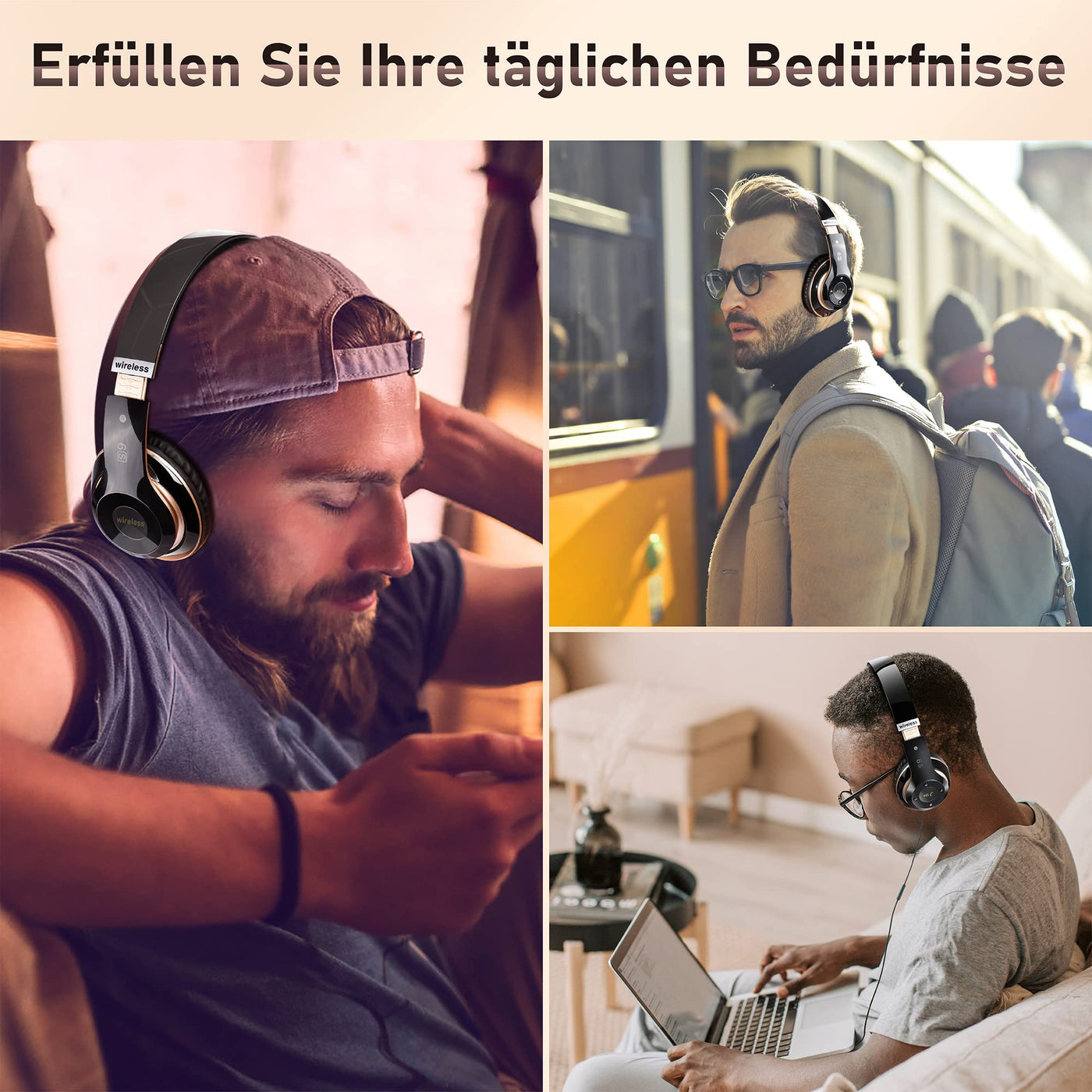 Lankey Sound Kopfhörer Kabellos Bluetooth, Bluetooth Kopfhörer Over-Ear mit 6 EQ Modi, 65 Std Kabellose Kopfhörer mit Eingebautem HD-Mikrofon, FM, SD/TF für Outdoor, Transport, Reisen, Studium