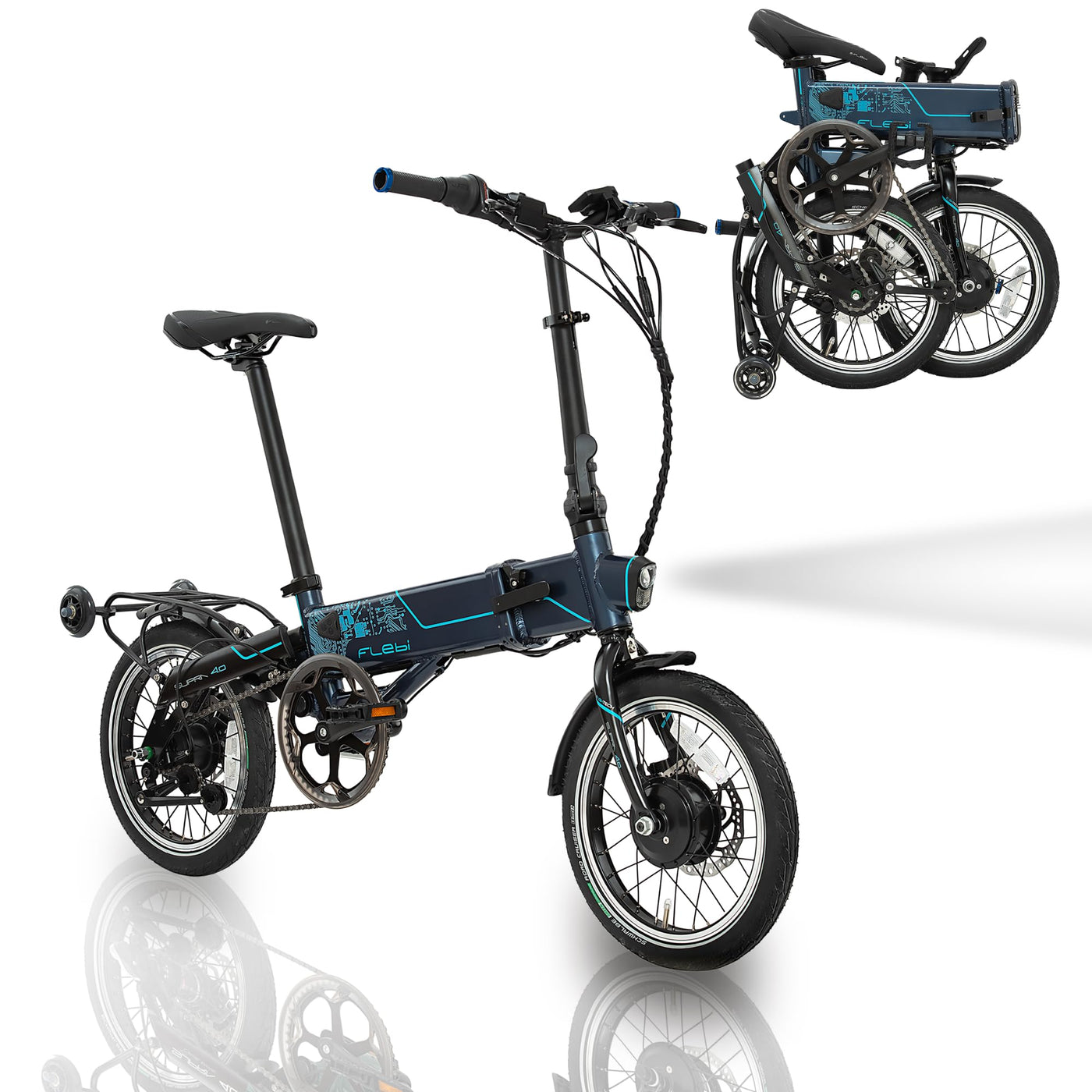 Flebi Supra 4.0+ Klapprad Elektrisch 16" | Reichweite 100 km | Abnehmbarer Akku 14Ah/504Wh | 7 Gänge | Kompaktes und Leichtes E-Bike für Erwachsene/Teenager, Unisex für Damen/Herren (Technisch Blau)