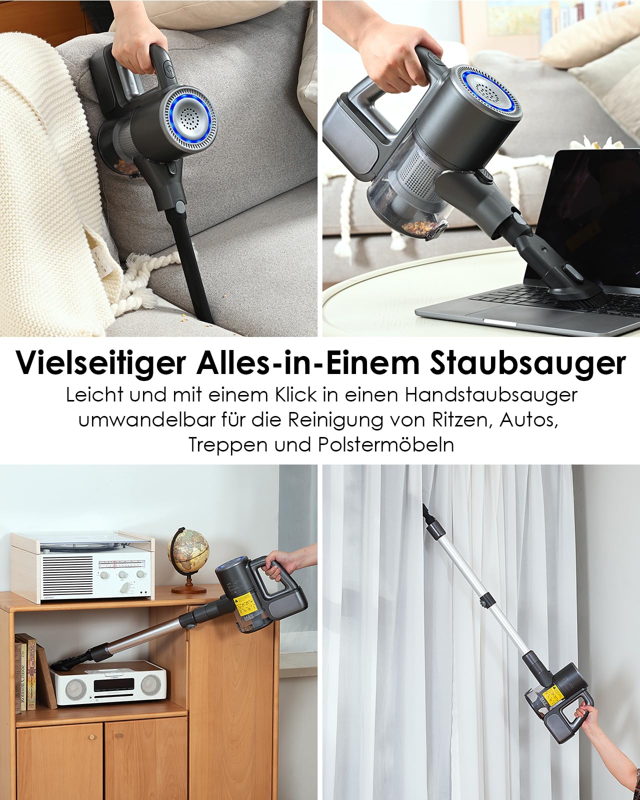 Staubsauger mit Wischfunktion, 40000Pa Akku Staubsauger kabellos, Saug und Wisch staubsauger mit starkem grün Licht, Akkusauger Freistehend, lange Laufzeit, leiser Staubsauger für Hartböden, Tierhaare
