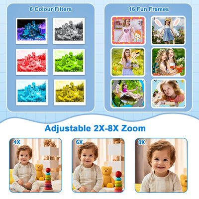 Kinderkamera, Sofortbildkamera Kinderkamera 48MP, 2,4 Zoll 1080P HD Kinder Digitalkamera mit 32GB Karte & Druckpapier, 8X Zoom, Geschenke für Jungen und Mädchen 3-12 Jahre (Blau)