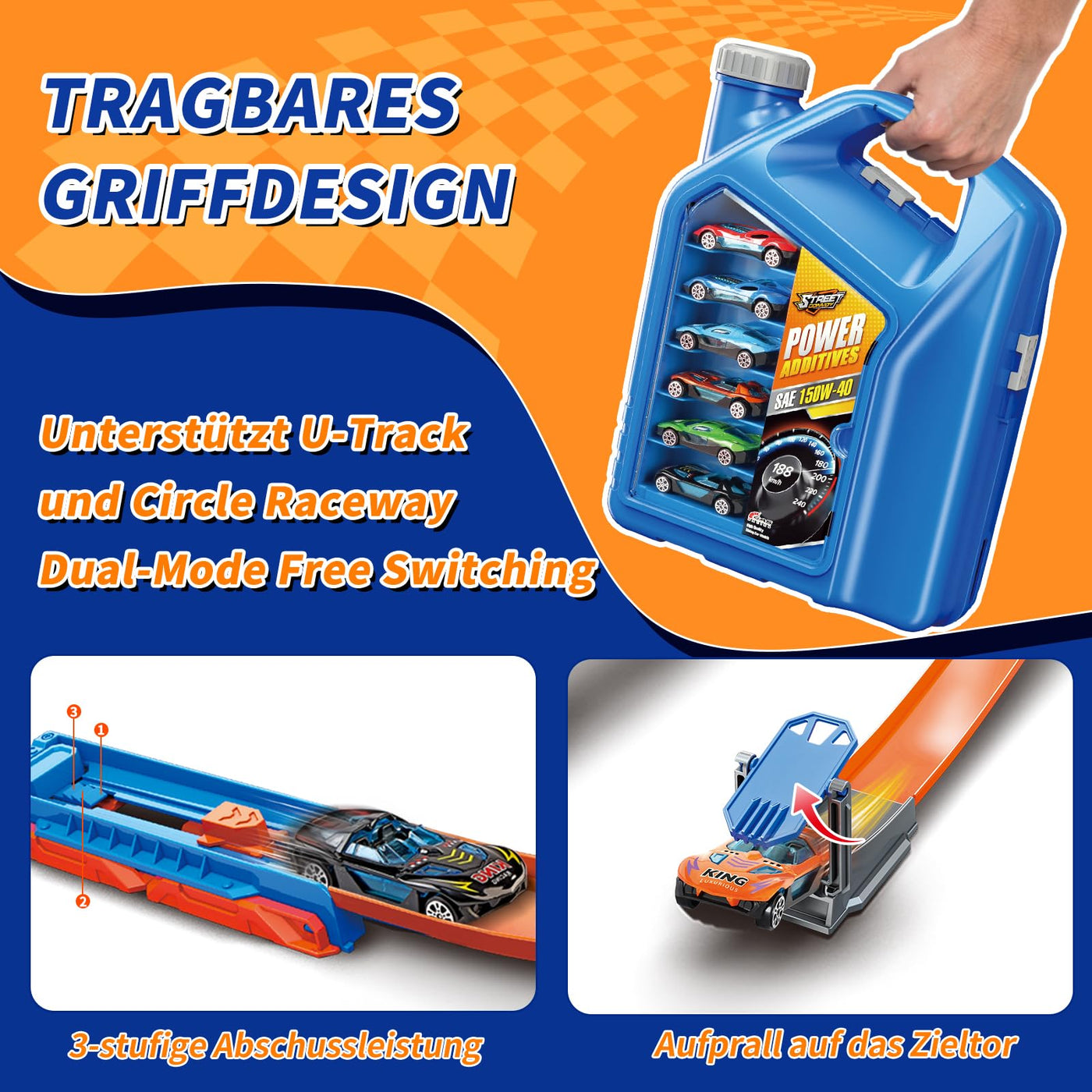 Charmofun Autorennbahn für Kinder, Rennstrecke Auto Spielzeug mit 6 Autos, Aufbewahrungsbox, Auto Rennbahn Mit Looping und U Track, Portable Spielzeug autorennbahn für Kinder ab 3 Jahre (Blau)