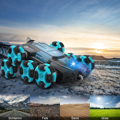 Nauotk Ferngesteuertes Auto, 2,4 GHz Ferngesteuerter RC Auto ab 6 7 8 9 10 11 12 Jahre, 8WD Stunt Drift Car mit Gestensensor, Coole Lichter und Sprühnebel, 2 Akku Spielzeug, Kinder Roboter-Blau