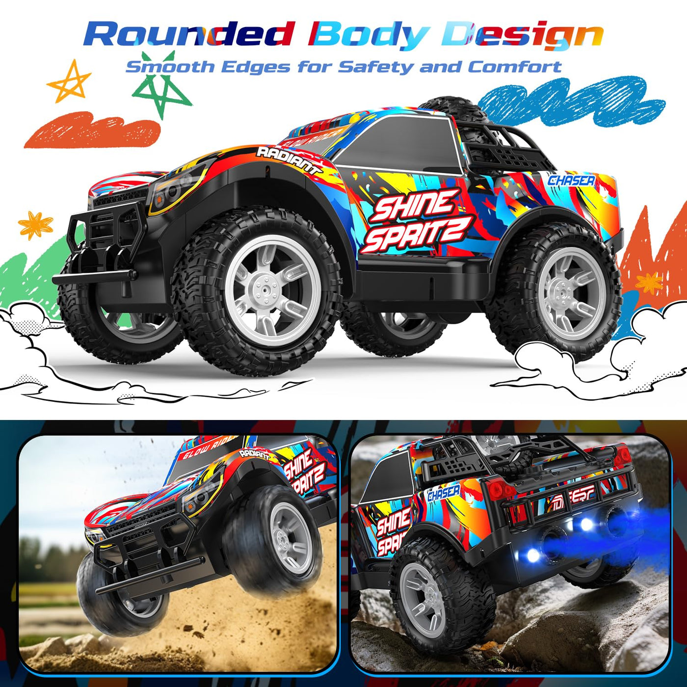 DEERC RC-Auto für Kinder 4-8 Jahre, All-Terrain Sprühfunktion RC Truck, Musik & LED-Lichtern, 2.4 GHz Fernsteuerungsauto, 2 Akkus,40 Min. Geschenk-Spielzeug für Kinder Indoor & Outdoor