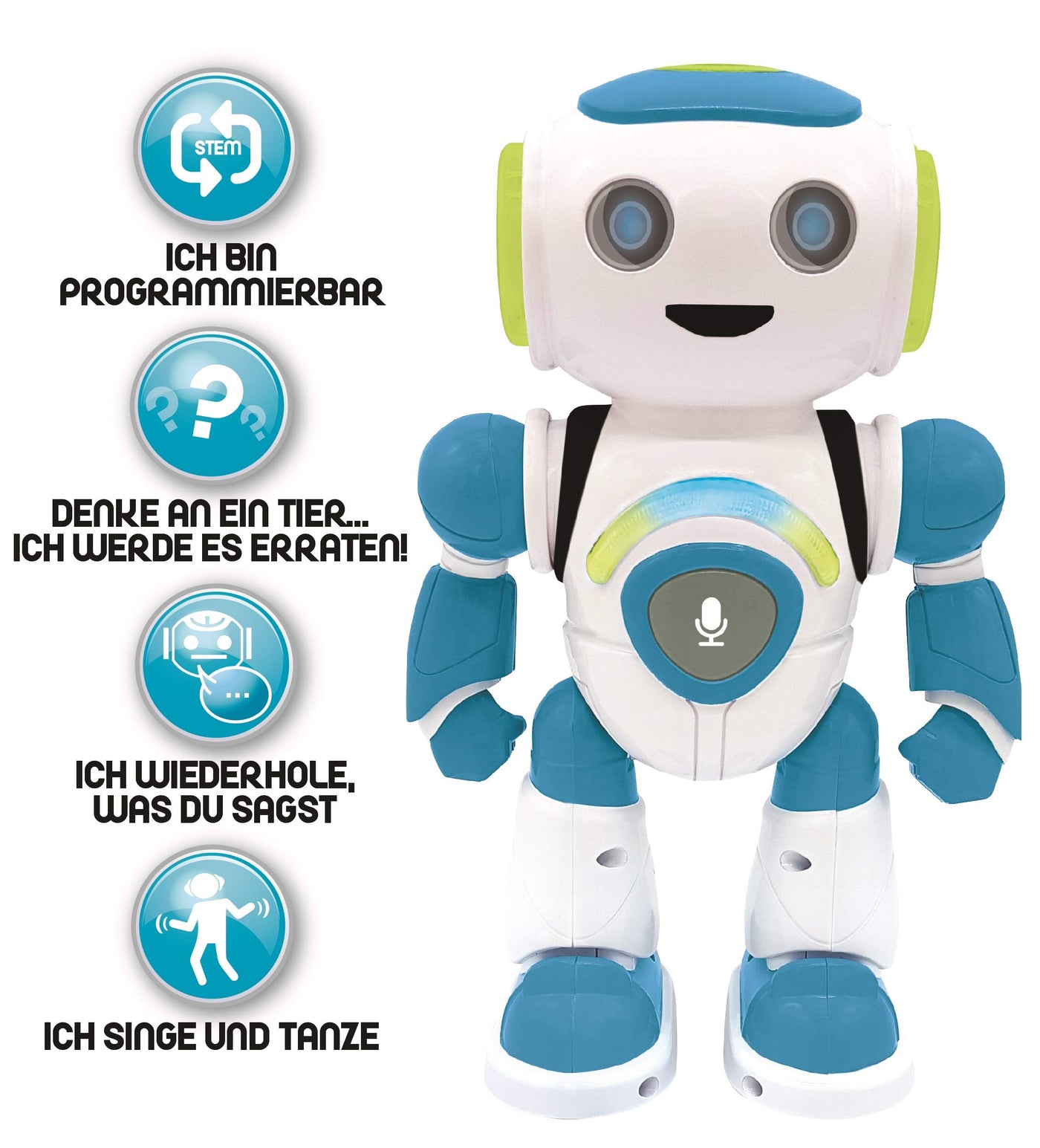 Lexibook - Powerman Jr. Intelligenter Roboter für Kinder der Gedanken liest - Spielzeug für Kinder - Tanzt Musiziert Tier-Quiz STEM Programmierbar Fernbedienung Roboter - Grün/blau - ROB20DE