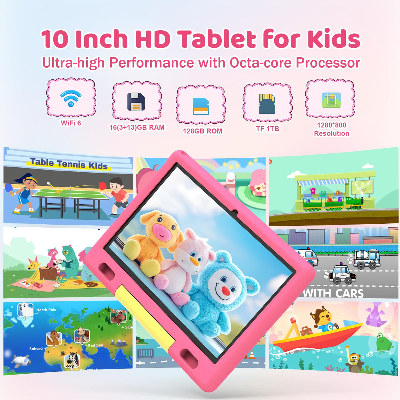 Ainmel Kinder Tablet 10 Zoll Octa-Core Android 14 Tablet für Kinder, 16GB+128GB (1TB TF), Kindersicherung, WiFi 6/Bluetooth 5.3, Widevine L1 mit Kindersicheres Gehäuse -Rosa