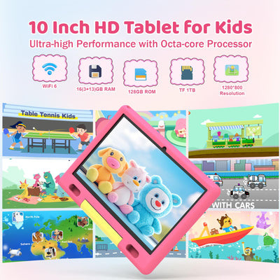 Ainmel Kinder Tablet 10 Zoll Octa-Core Android 14 Tablet für Kinder, 16GB+128GB (1TB TF), Kindersicherung, WiFi 6/Bluetooth 5.3, Widevine L1 mit Kindersicheres Gehäuse -Rosa