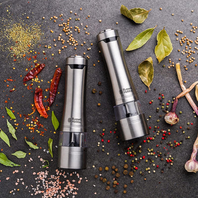 Russell Hobbs Salz und Pfeffer Mühle elektrisch [2er Set] Edelstahl (Keramikmahlwerk für getrocknete Gewürze & Kräuter, Mahlgrad einstellbar fein bis grob, LED Beleuchtung) Gewürzmühlen 23460-56