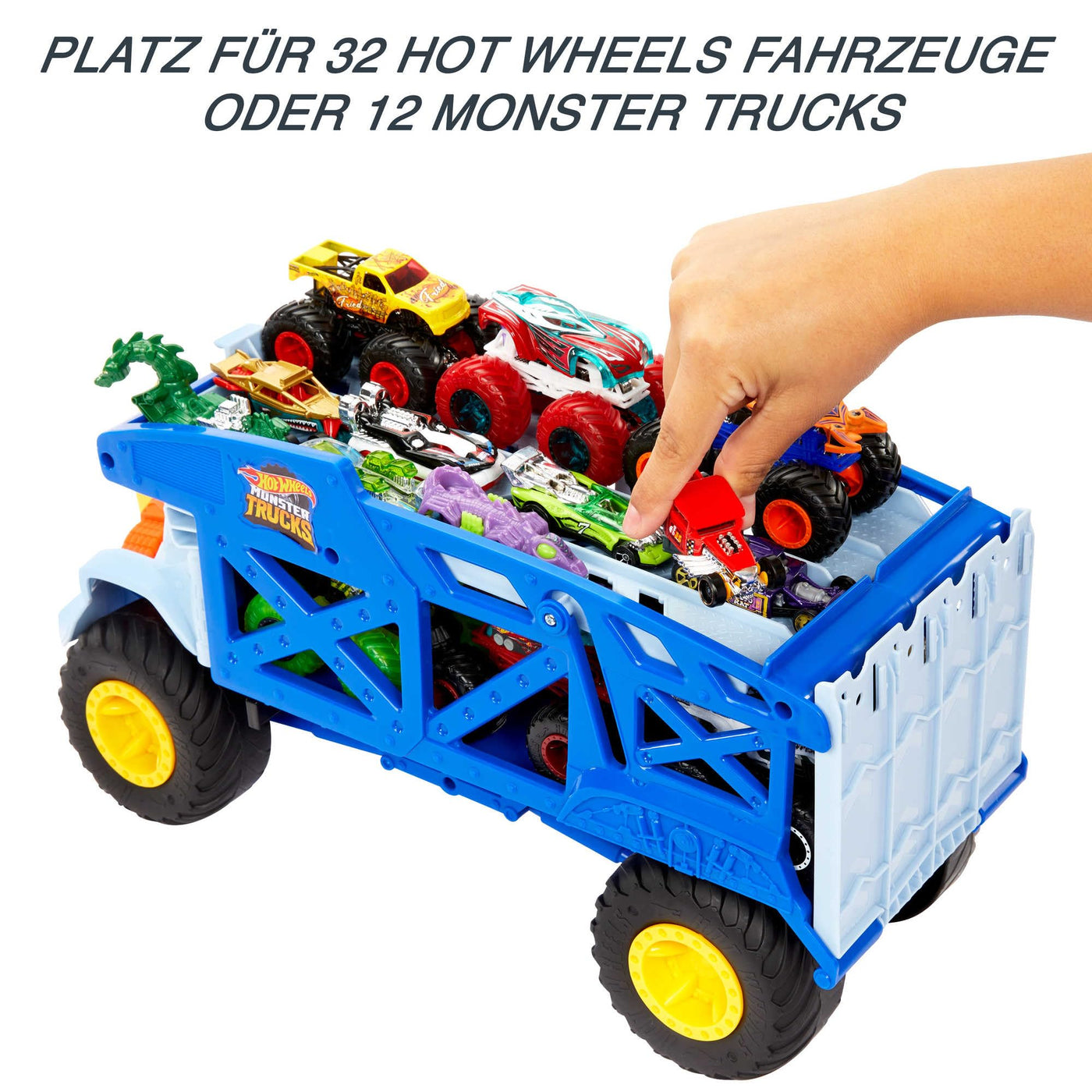 HOT WHEELS Monster Trucks Transporter Nashorn - Schlepper, Platz für 12 Monster Trucks oder 32 Hot Wheels, mit Startrampe, für Kinder ab 3 Jahren, HFB13