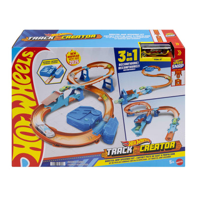 Hot Wheels Spielzeugauto Streckenset, Deluxe-Bauset mit motorisiertem Beschleuniger, Fahrzeug im Maßstab 1:64, Track-Schnellstecksystem, Beschleuniger-Sprung-Schnellstrecke,JDB49
