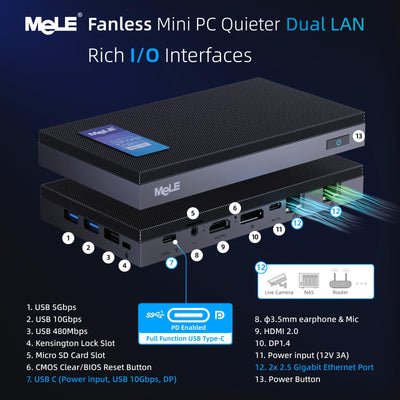 MeLE QuieterDL Lüfterloser Mini PC 2.5Gb Dual LAN Alder Lake N100(bis zu 3.4GHz) 8B DDR4 128GB ROM Windows 11 Home Mikro PC USB-C HDMI2.0+DP1.4 Desktop-Computer mit DREI Bildschirmen