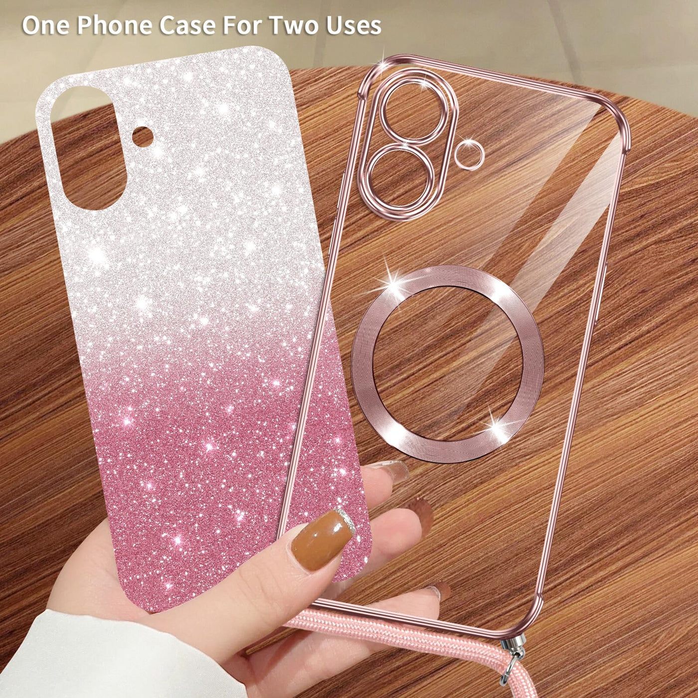 Phoona Handykette Hülle für iPhone 16 Plus mit Band kompatibel mit MagSafe, Luxuriöse Glitzer Beschichtung Magnetische Handyhülle für iPhone 16 Plus Stoßfest Schutzhülle, Rosa