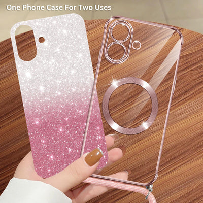 Phoona Handykette Hülle für iPhone 16 Plus mit Band kompatibel mit MagSafe, Luxuriöse Glitzer Beschichtung Magnetische Handyhülle für iPhone 16 Plus Stoßfest Schutzhülle, Rosa