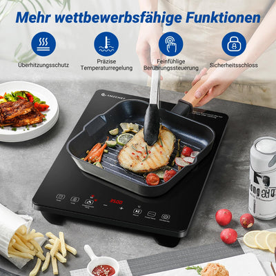 AMZCHEF Einzel Induktionskochplatte, 3500W Induktionskochfeld 1 Platte mit Doppelter Ring, 9 Leistungs- und Temperaturstufen, Sicherheitssperre, Pausenfunktion, Zeitschaltuhr, Überhitzungsschutz
